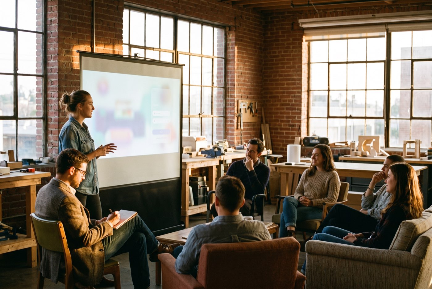 Illustration: a woman presenting a prototype to a small group